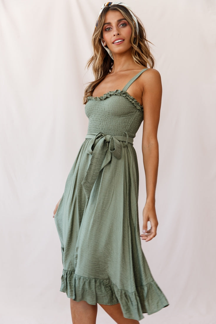 Honey Shirred Frill Midi Dress Olive