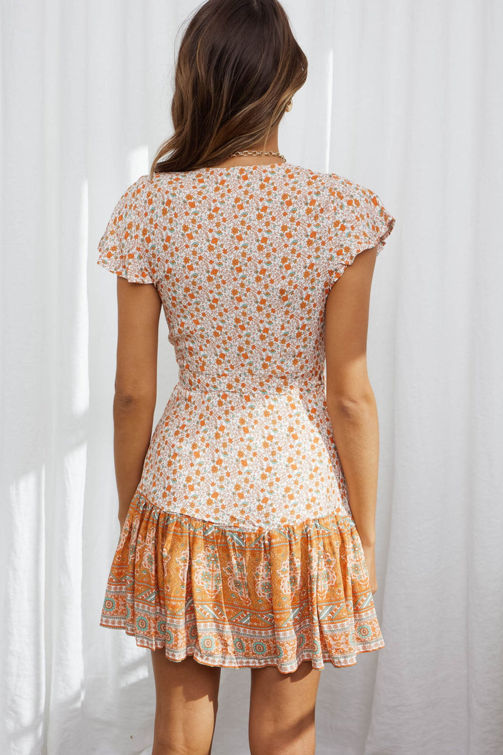 Mayan Angel Sleeve Waist Tie Wrap Dress Floral Print Orange