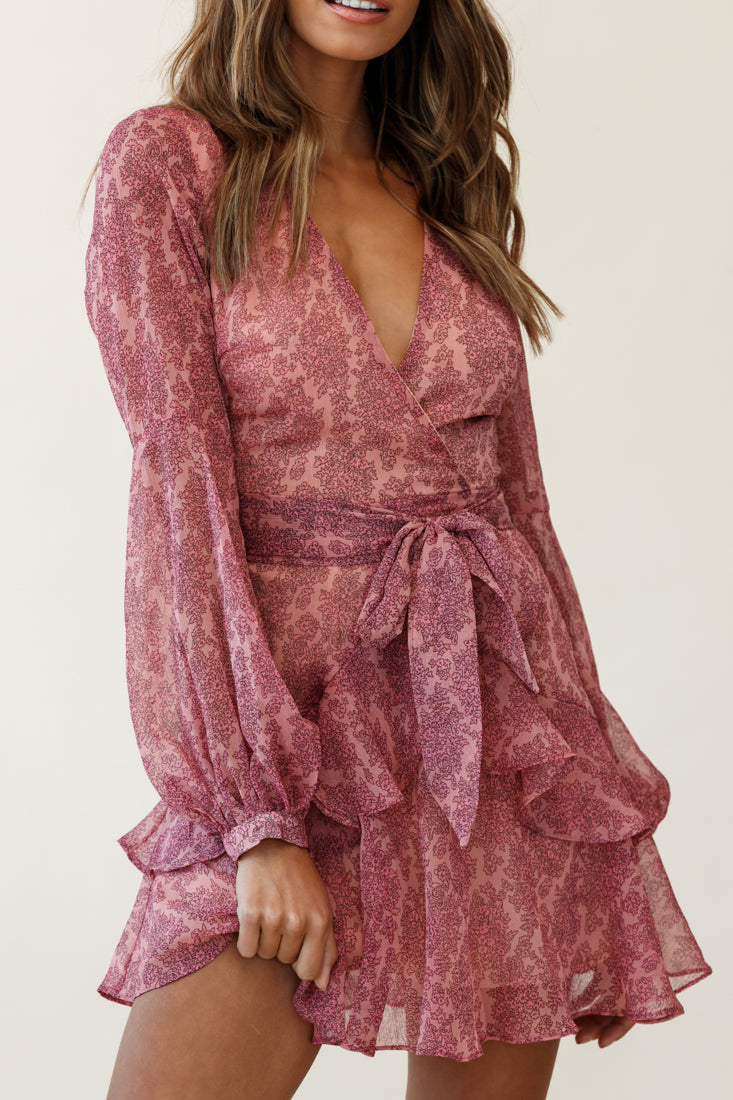 Kerry Layered Balloon Sleeve Dress Flower Pattern Pink