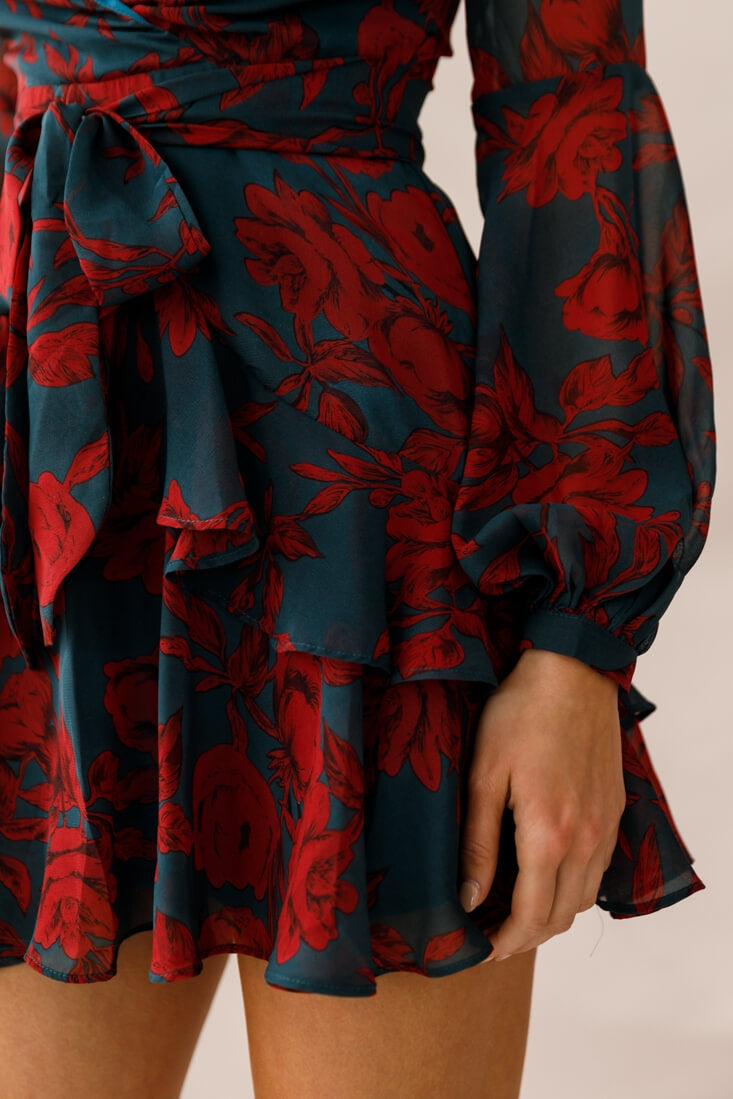 Kerry Layered Balloon Sleeve Dress Forest Green/Red