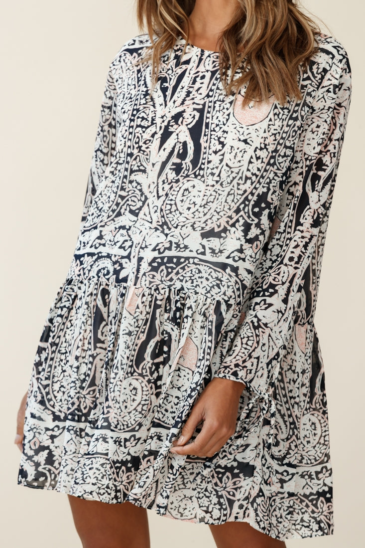 Mina Long Sleeve Button Back Shift Dress Ornate Print Navy
