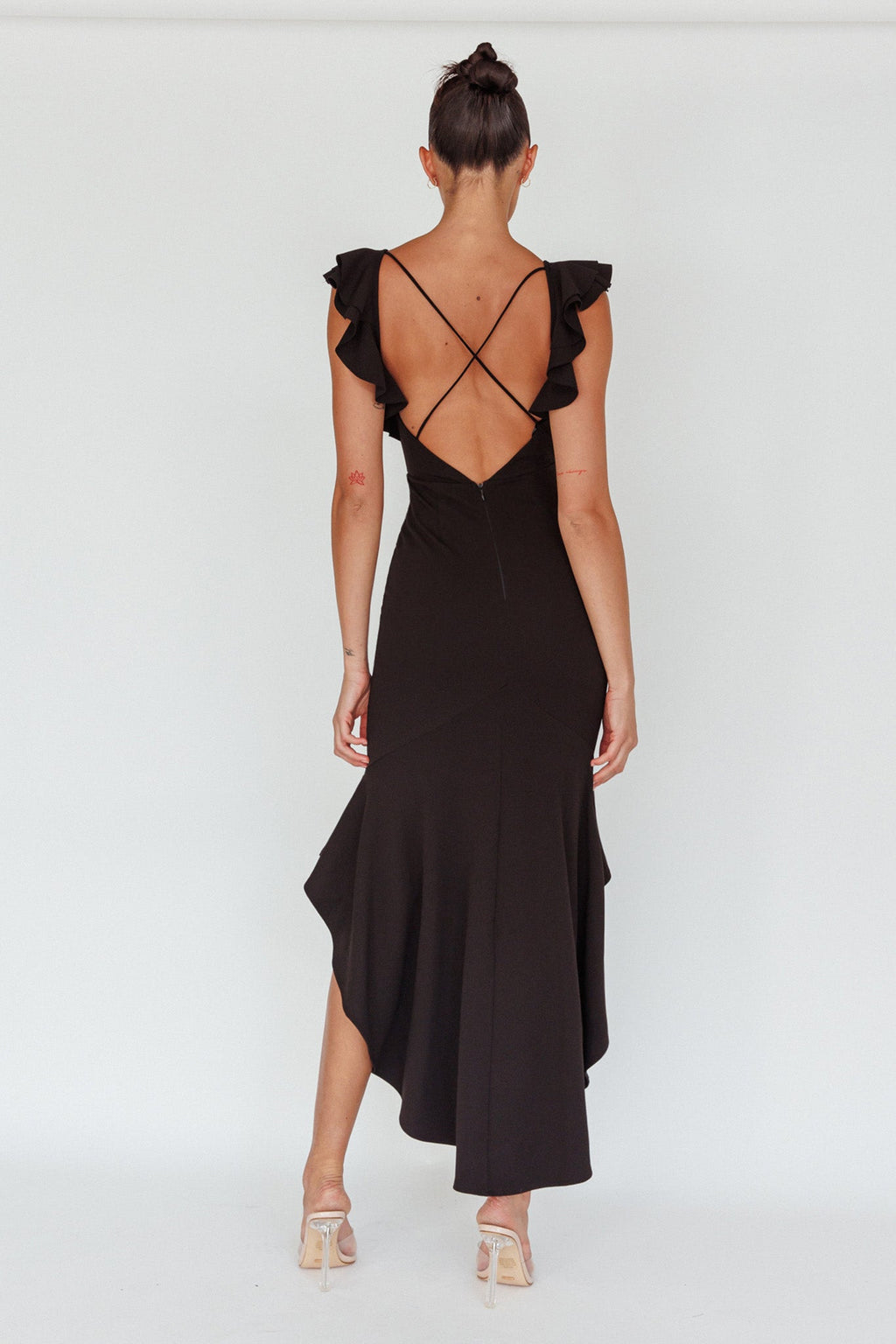 Pearl Ruffle Strap High-Low Hem Dress Black