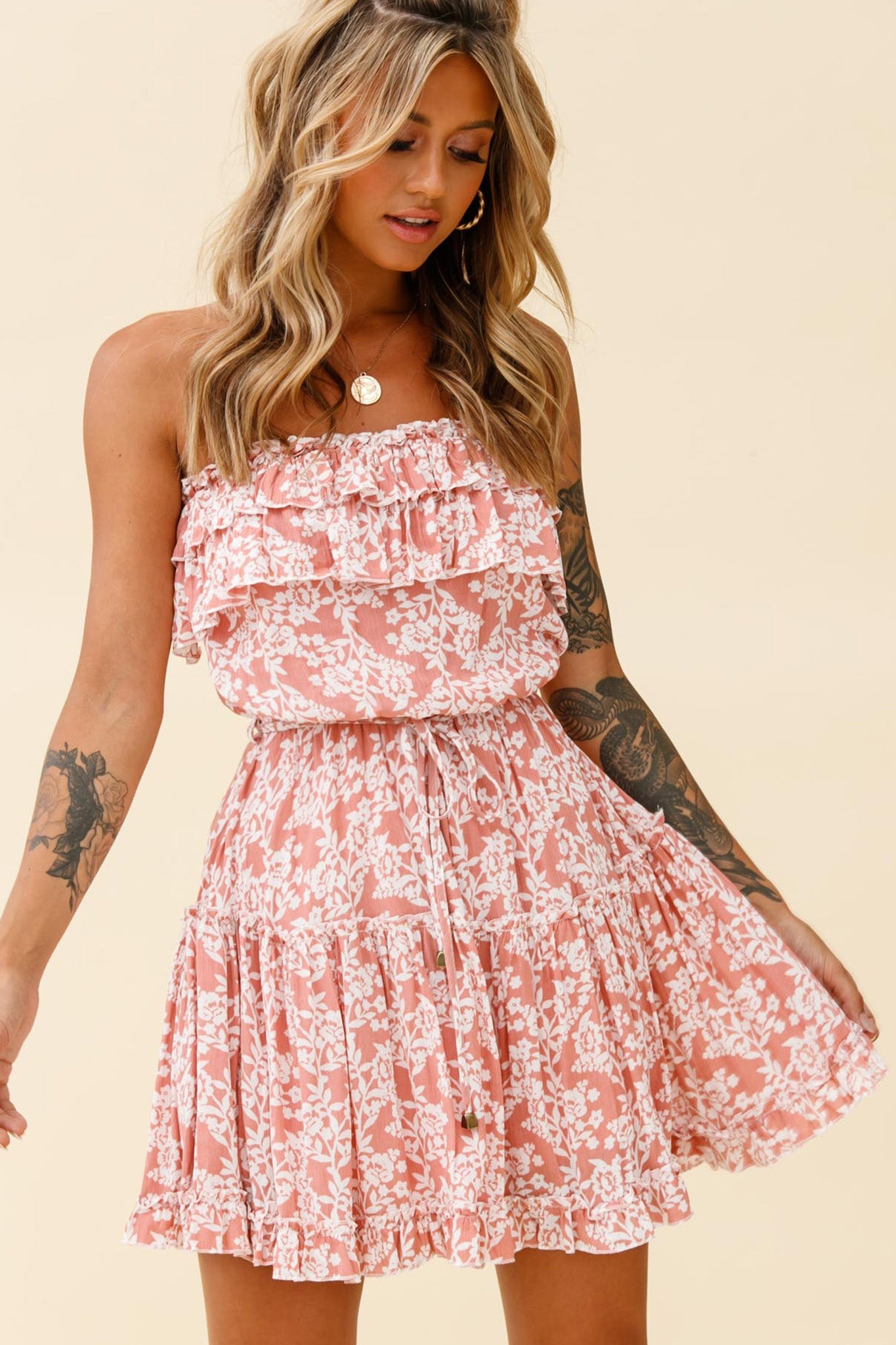 Raquel Strapless Layered Dress Floral Print Blush