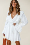 Adina Fluted Long Sleeve Frill Detail Dress White