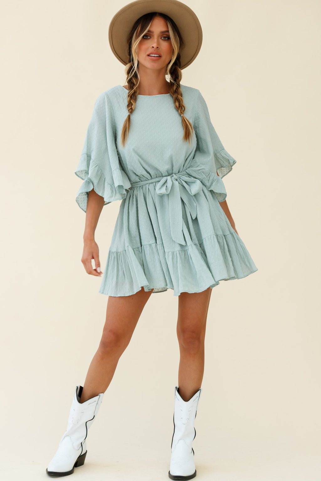 Joni Batwing Sleeve Waist Tie Dress Sage
