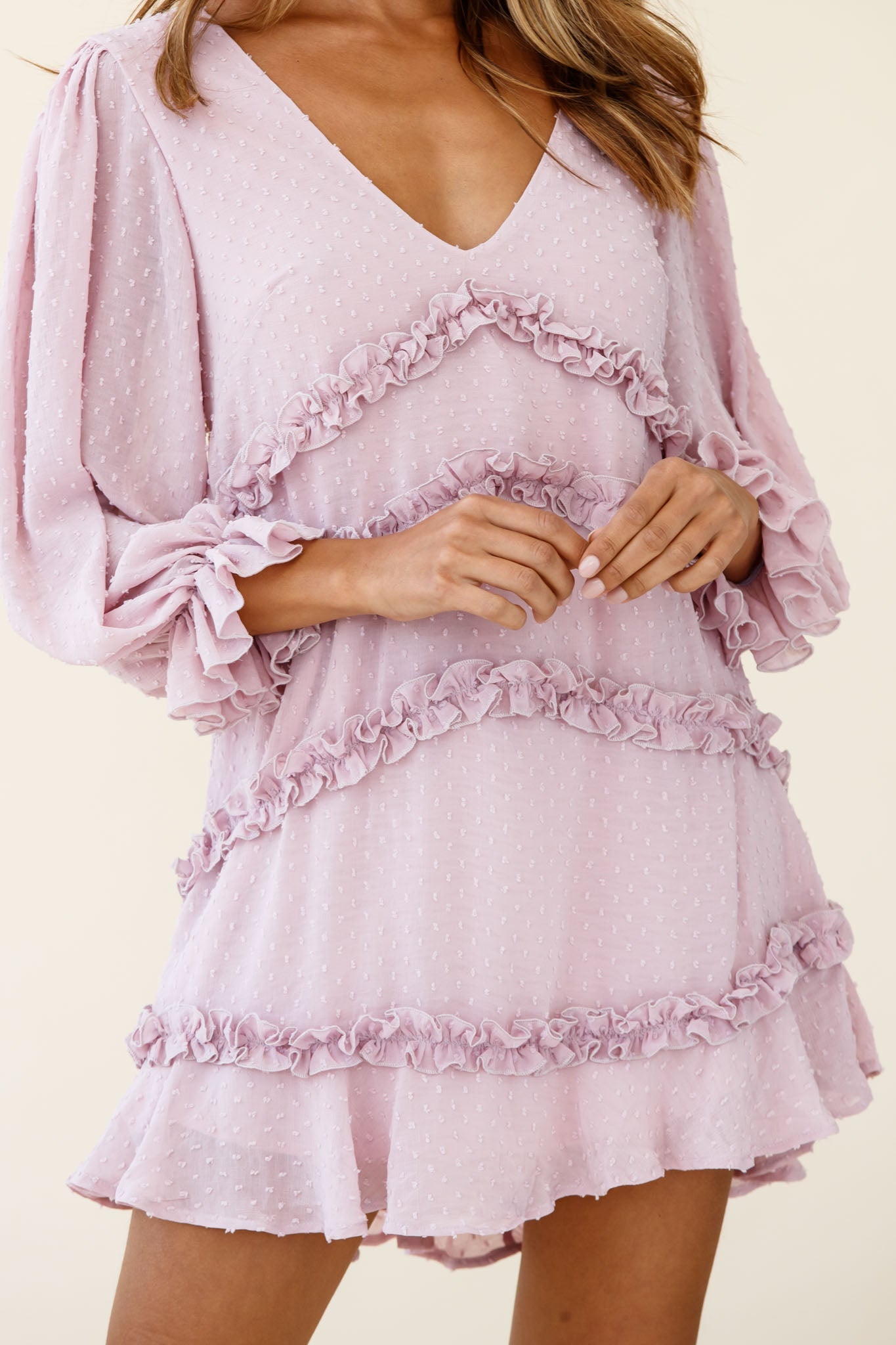 Tabitha Balloon Sleeve Loose Fit Frill Detail Dress Blush