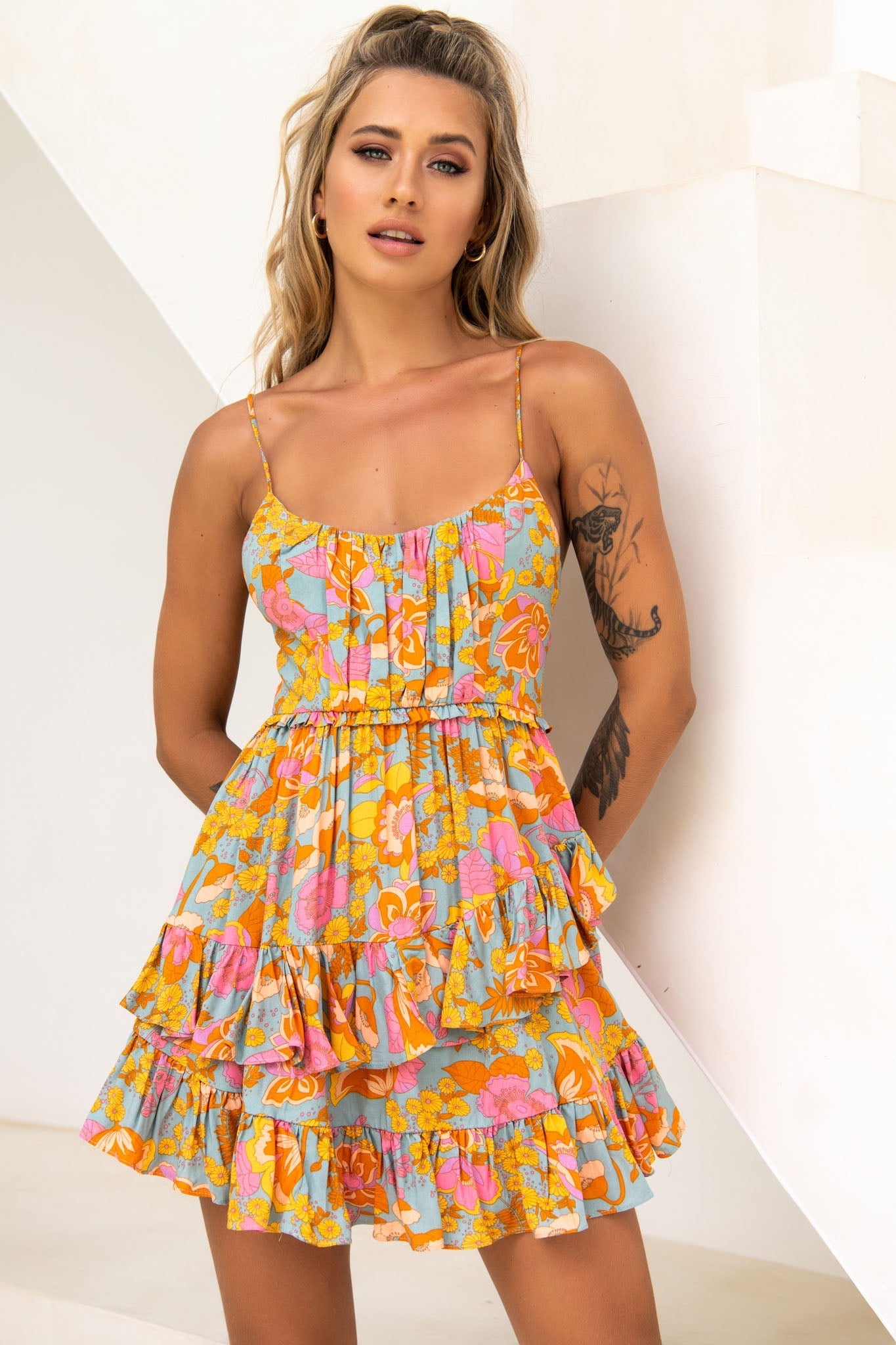 Geordie Ruched Bust Frill Trim Dress Floral Print Aqua Multi