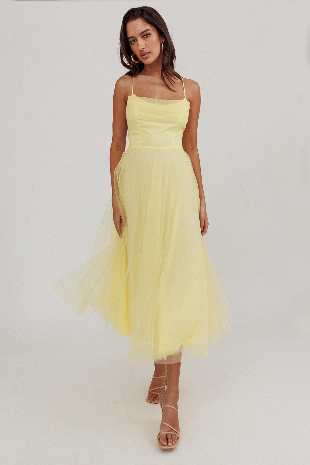 Floating By Pleated Neckline Mesh Midi Dress Yellow