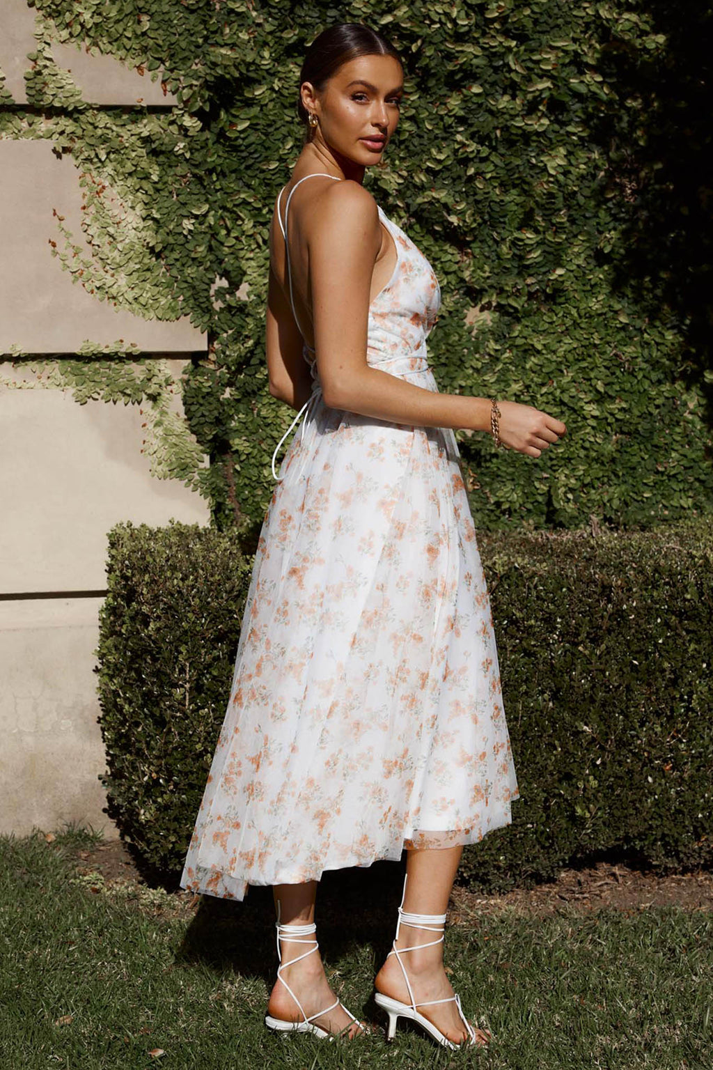 Floating By Plunging Neckline Midi Dress Floral Tangerine