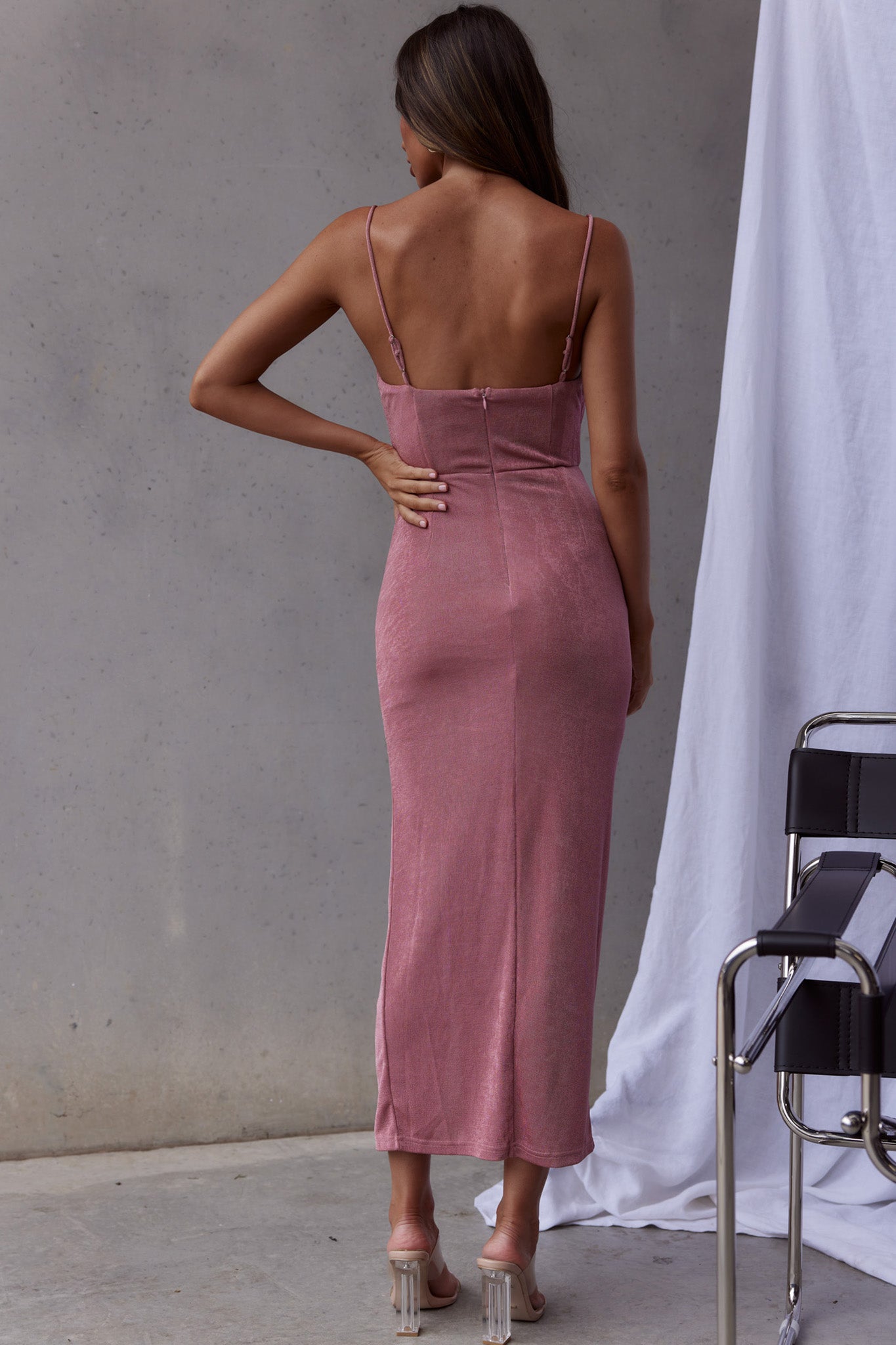 Frieda Cowl Neck Front Split Midi Dress Mauve