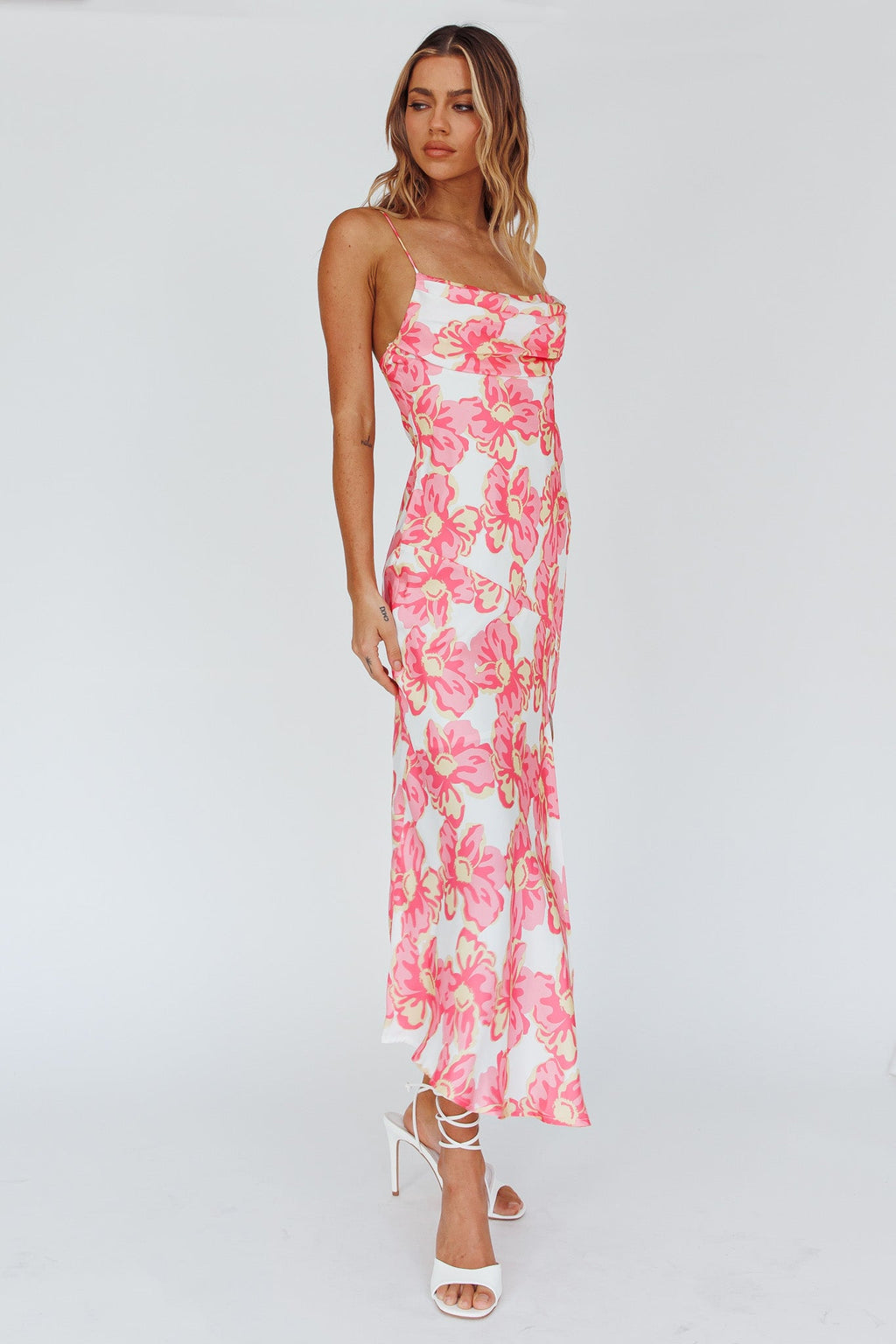 Well Versed Pleated Bust Front Split Dress Flowers Pink