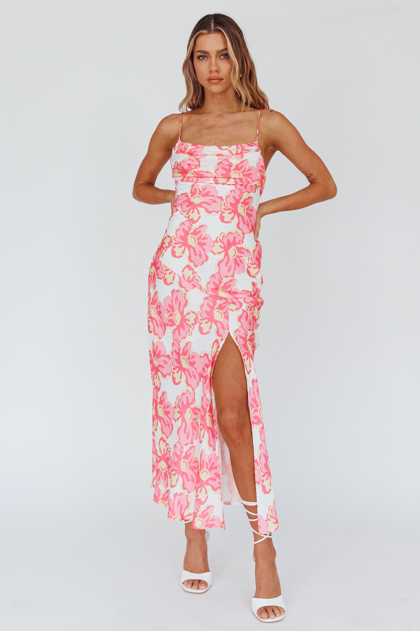 Well Versed Pleated Bust Front Split Dress Flowers Pink