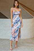 Well Versed Pleated Bust Front Split Dress Blue Multi