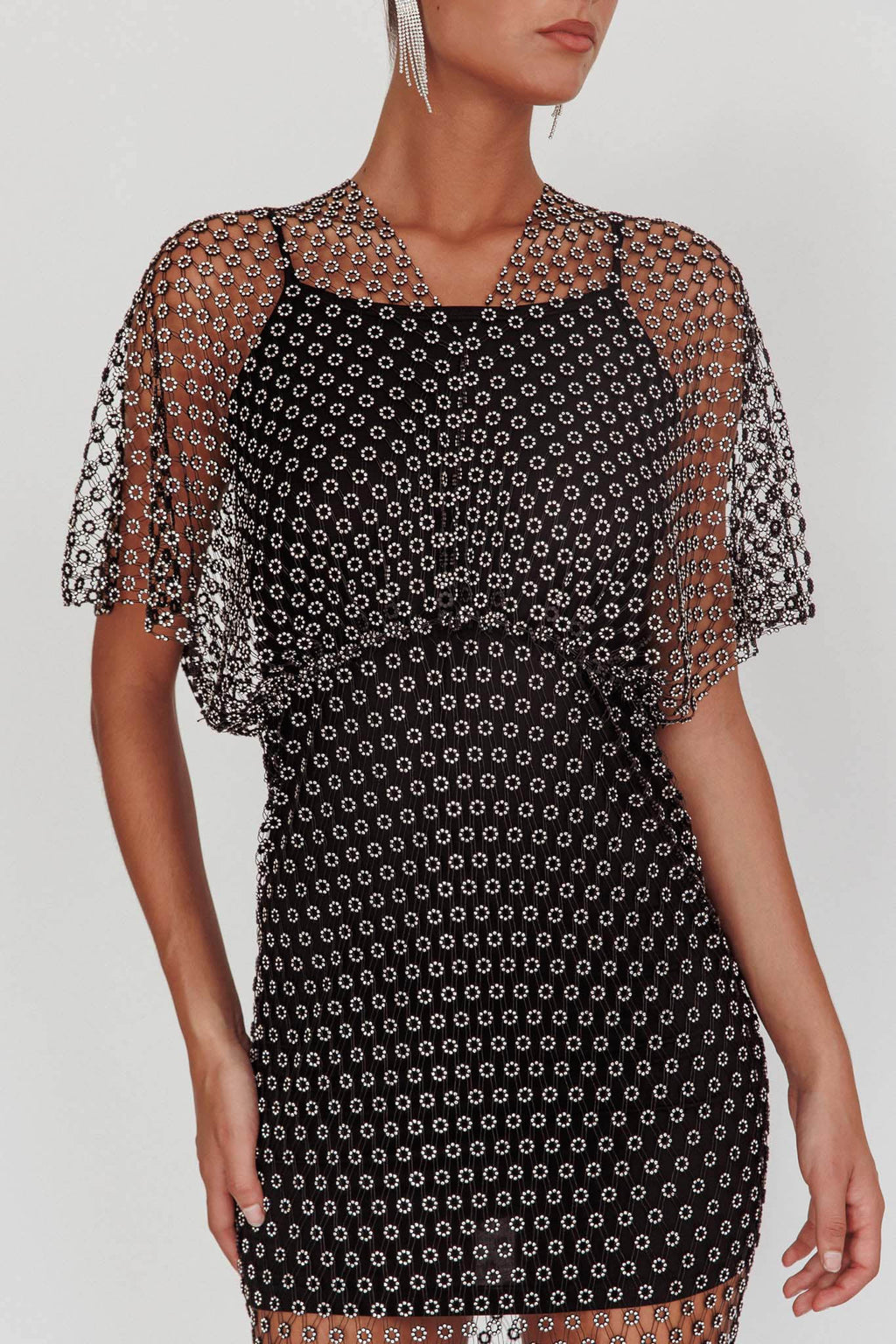 Astra Diamante Fishnet Midi Dress Black