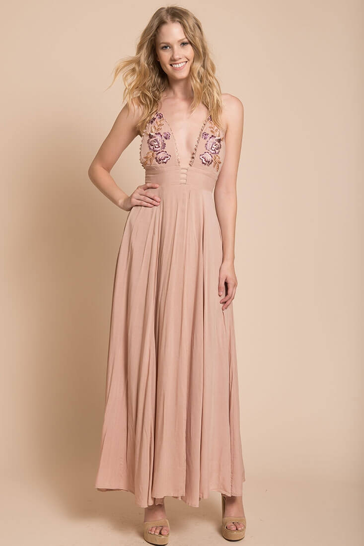 Summer Wedding Embroidered Floral Maxi Dress Mocha