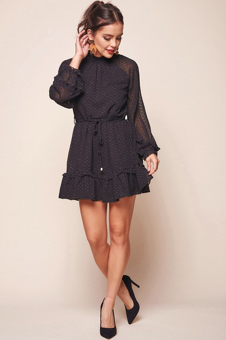 Tracee Open Black Ruffled Hemline Dress Black
