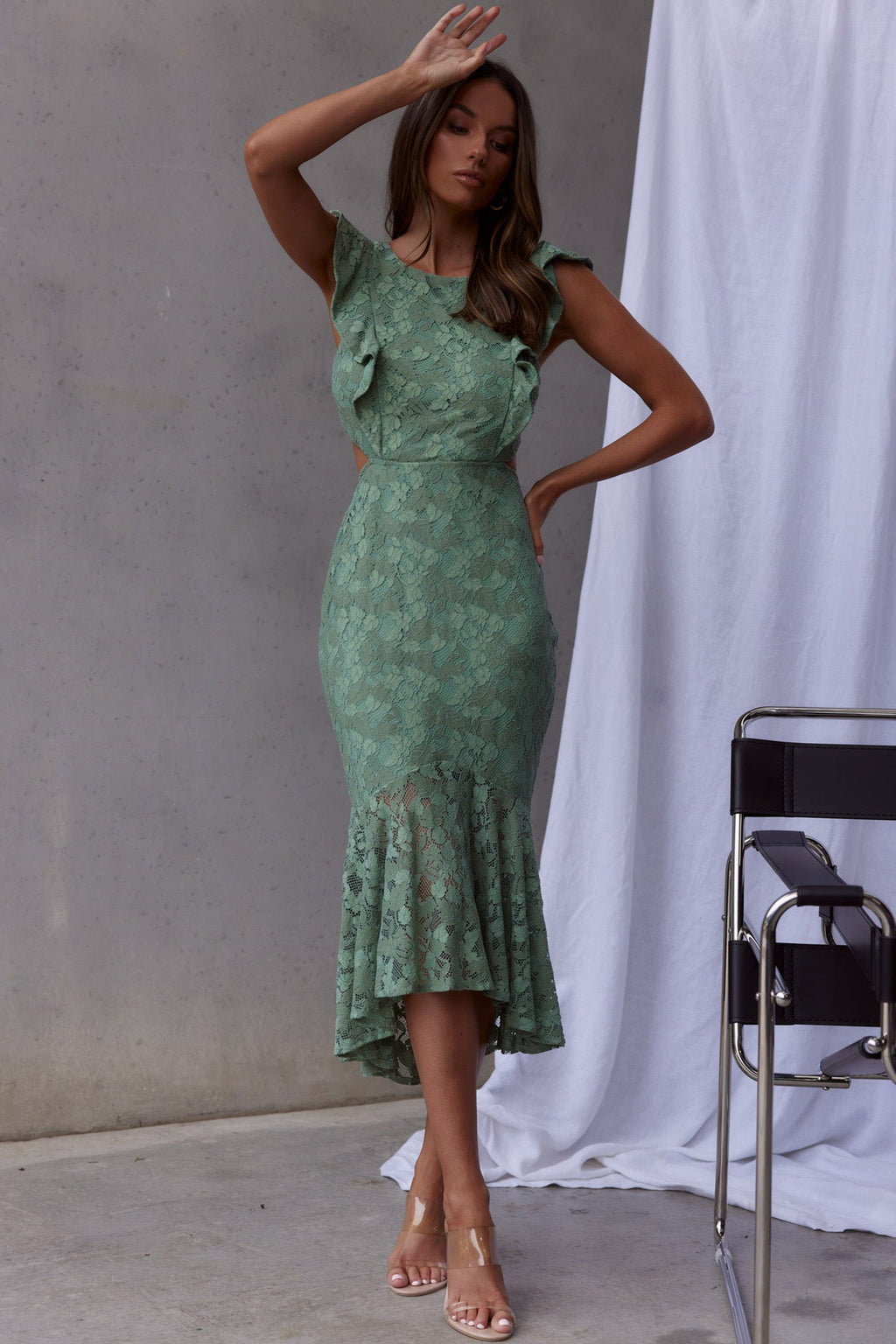 Jackie Pinafore Floral Lace Dress Avocado