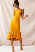 Jackie Wide Ruffle Hem Pinafore Midi Dress Mustard
