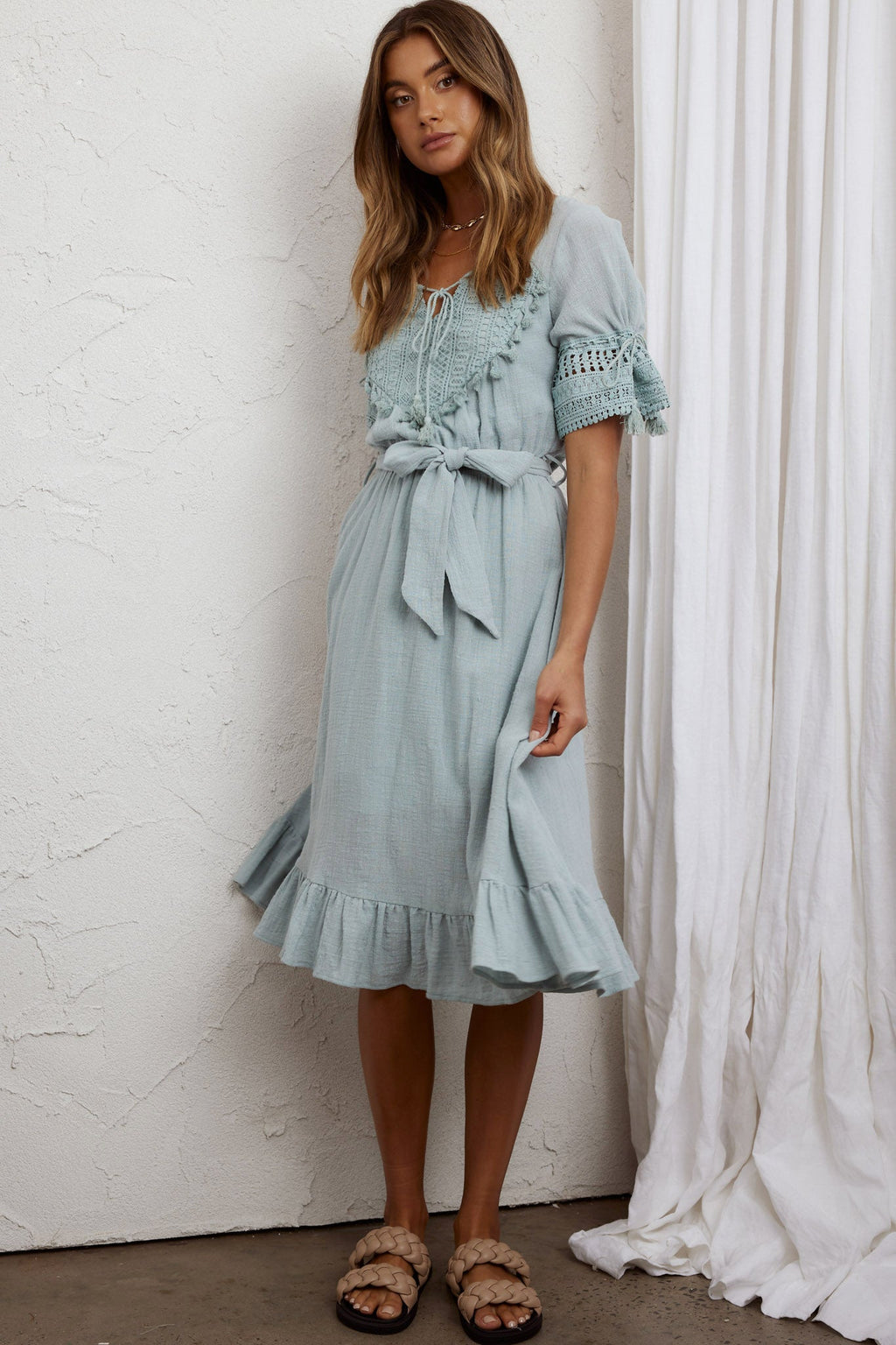 Jada Short Sleeve Crochet Tassel Midi Dress Sage