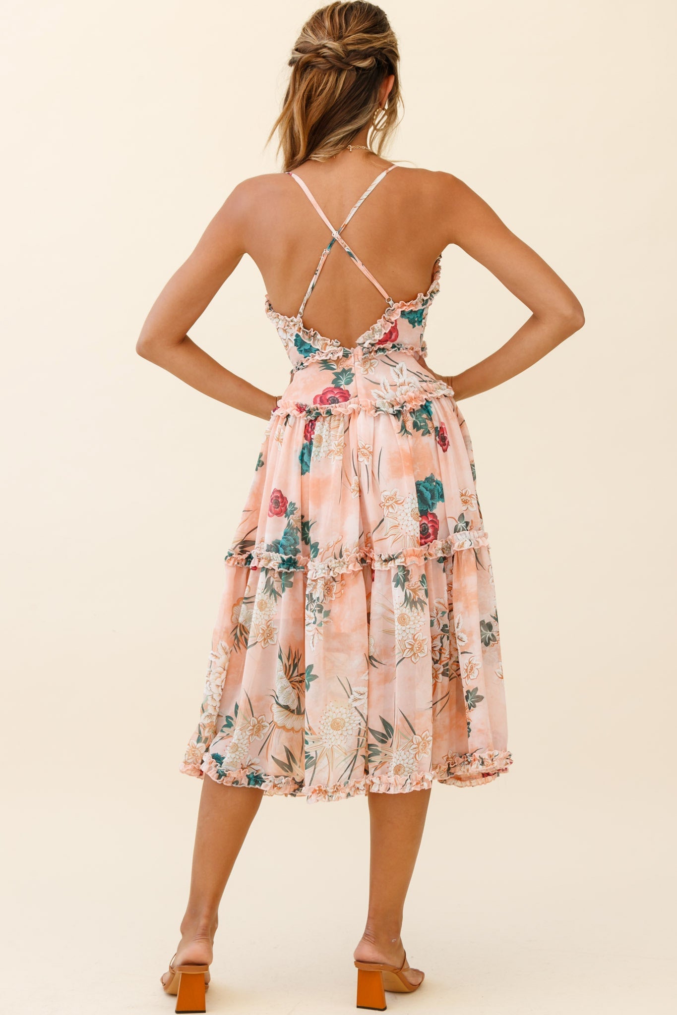 Laney Low Back Cami Strap Midi Dress Botanical Print Orange