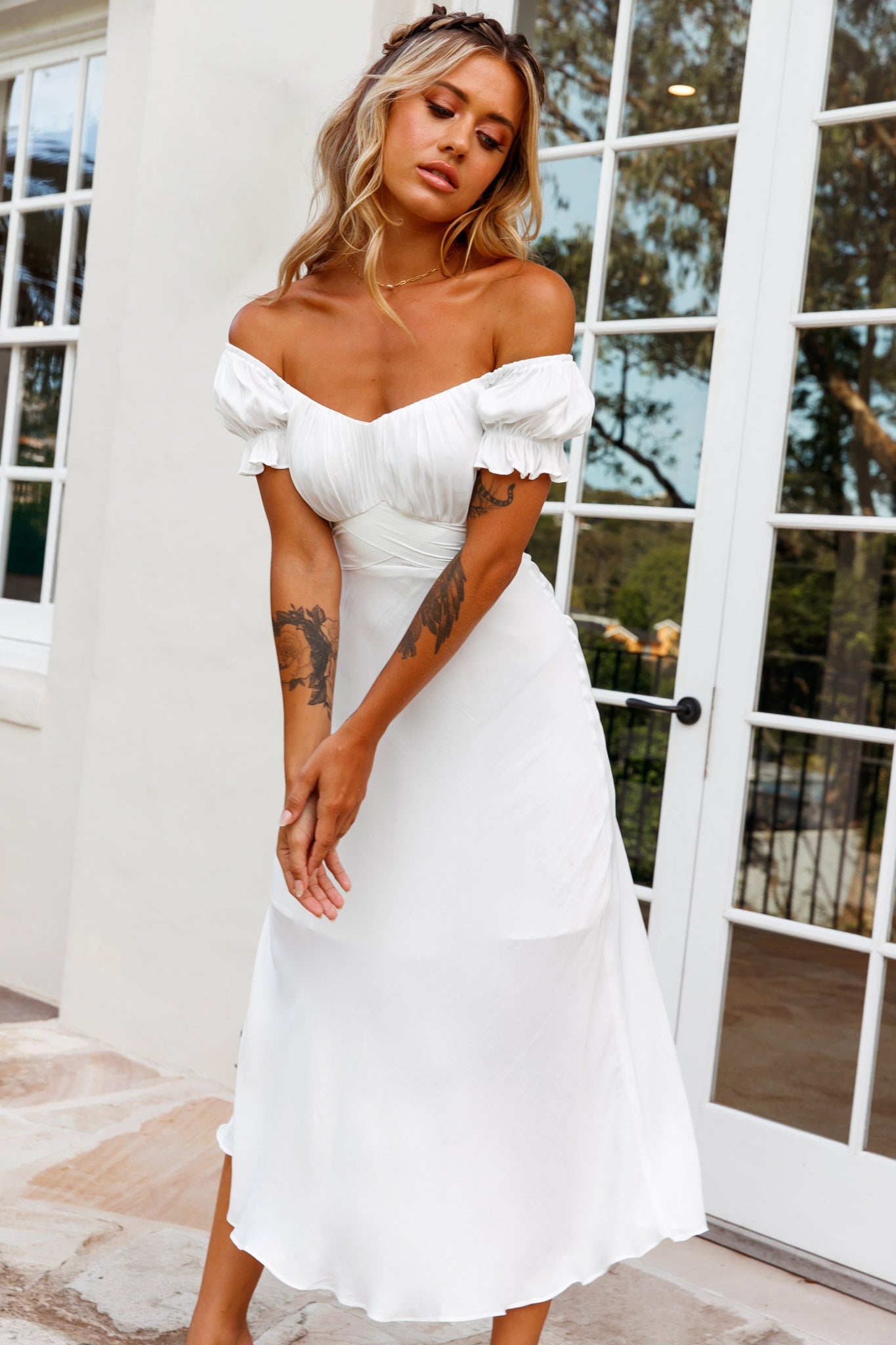 Linka Off-Shoulder Tie Back Midi Dress White