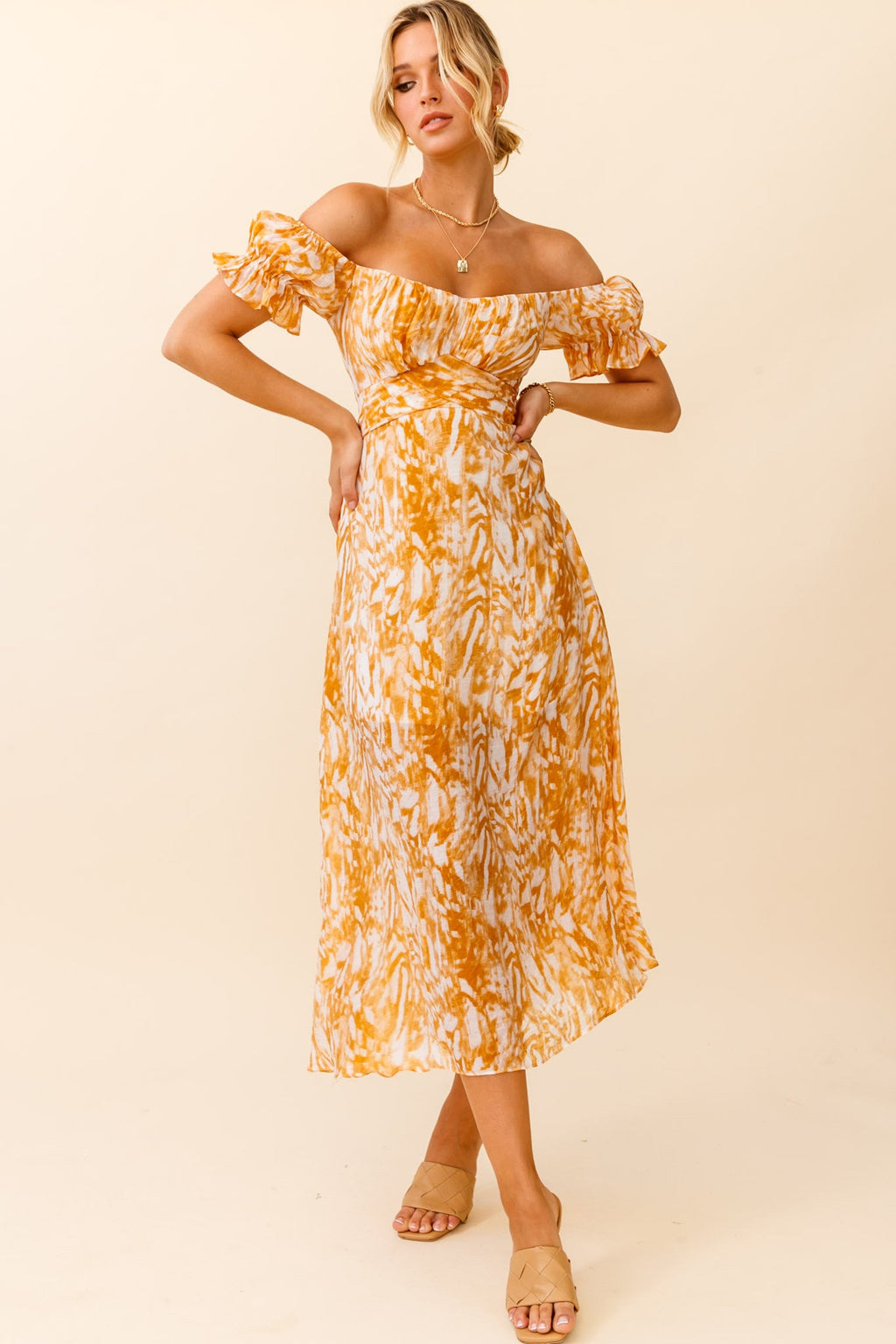 Linka Off-Shoulder Tie Back Midi Dress Printed Orange
