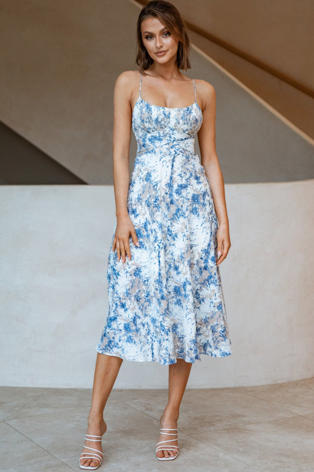 Linka Cami Strap Midi Dress Marble Print Blue