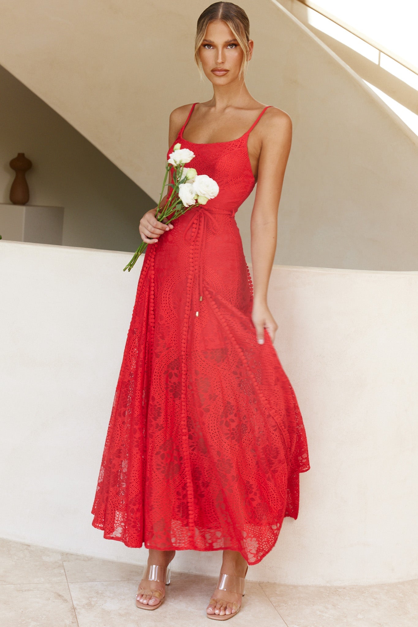Palm Springs Lace Overlay Maxi Dress Red