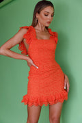 Ryan Eyelet Embroidery Ruffle Shoulder Dress Orange
