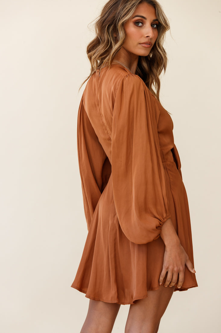 Madison Bow Tie Bust Balloon Sleeve Dress Tan