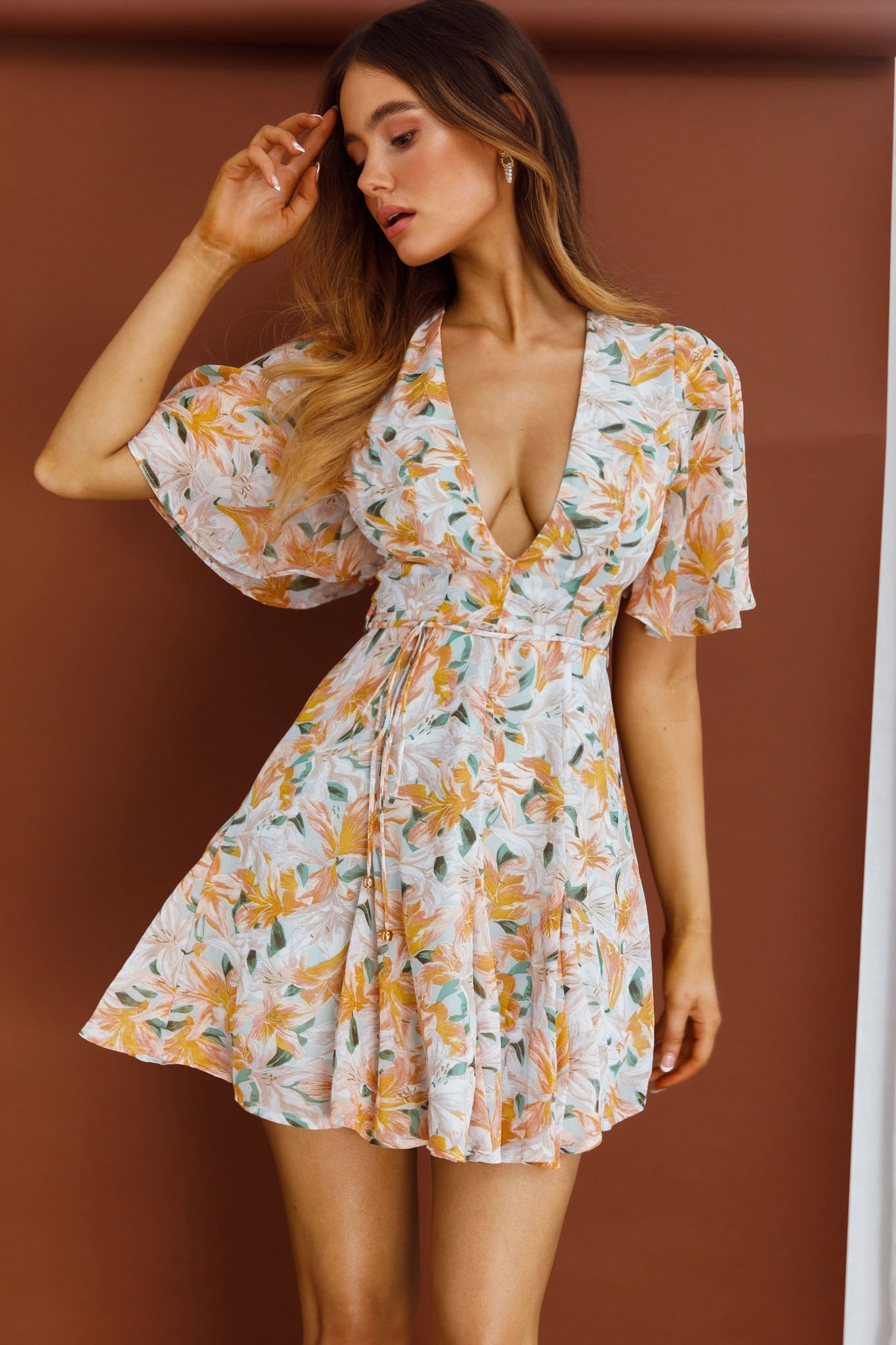 Estelle Angel Sleeve Dress Lily Print Blue