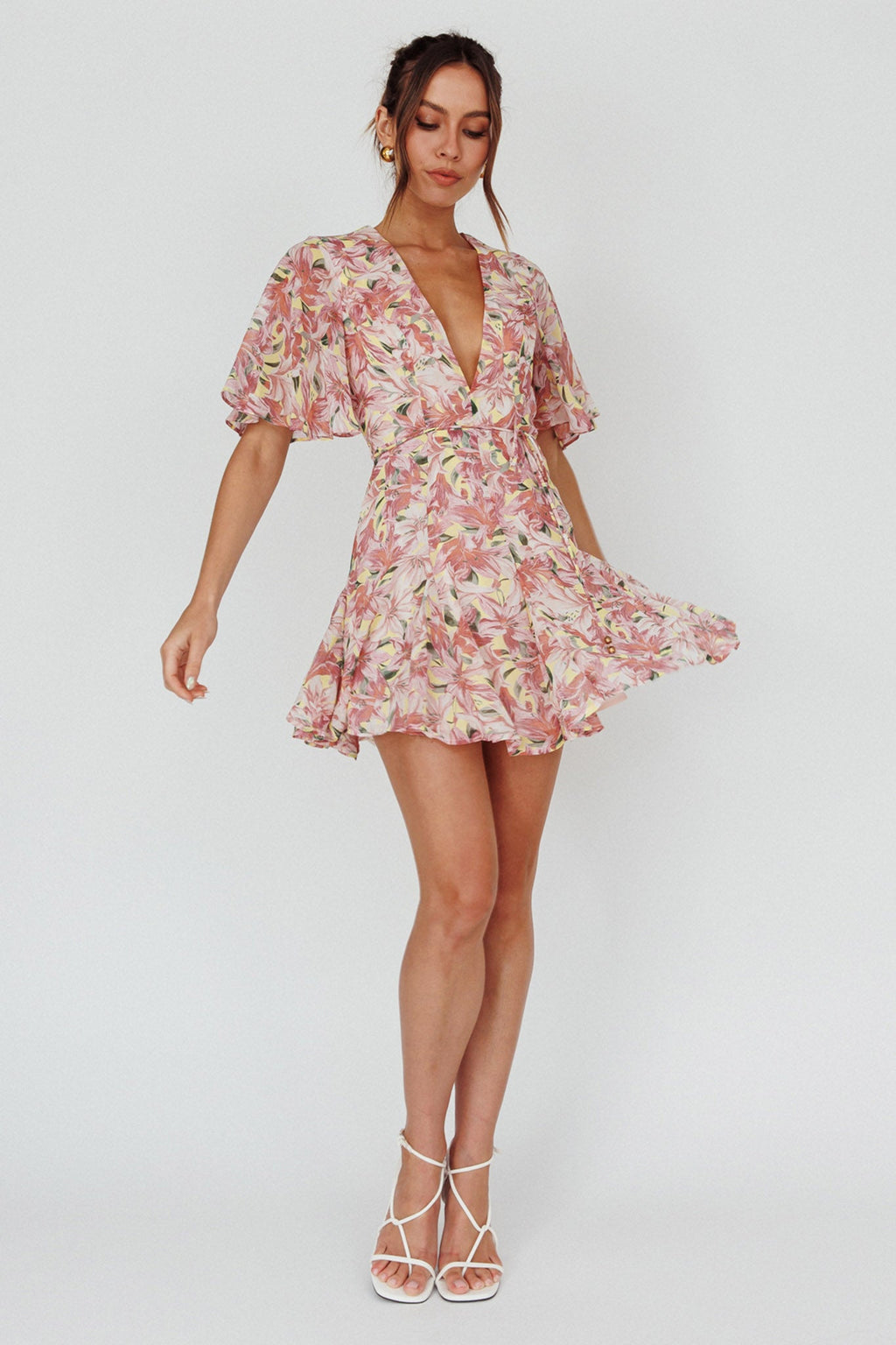 Estelle Angel Sleeve Dress Lily Print Yellow