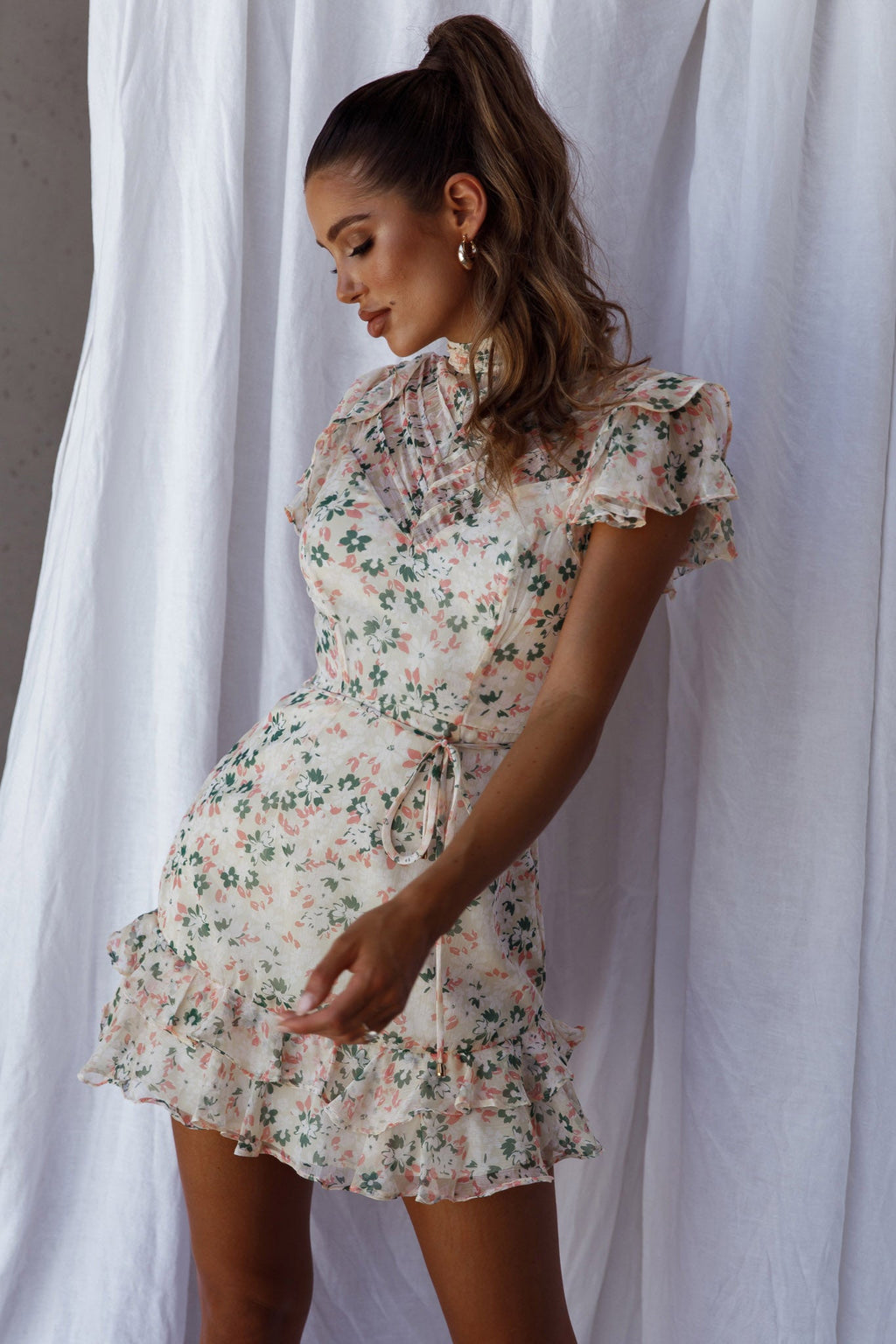Lark High Neck Ruffle Sleeve Dress Flower Print Yellow