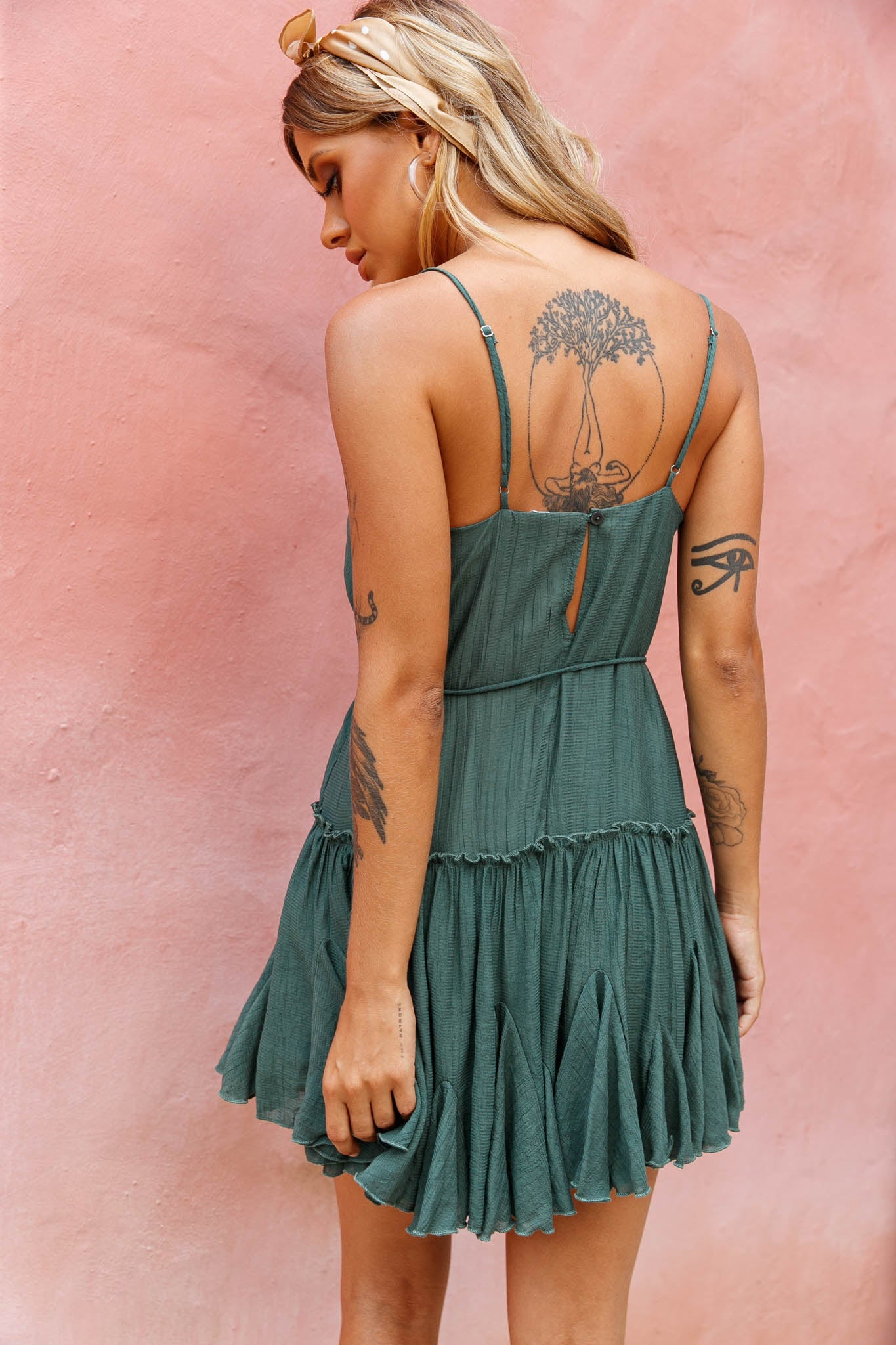 Rosabel Spaghetti Strap Fluted Hem Dress Green