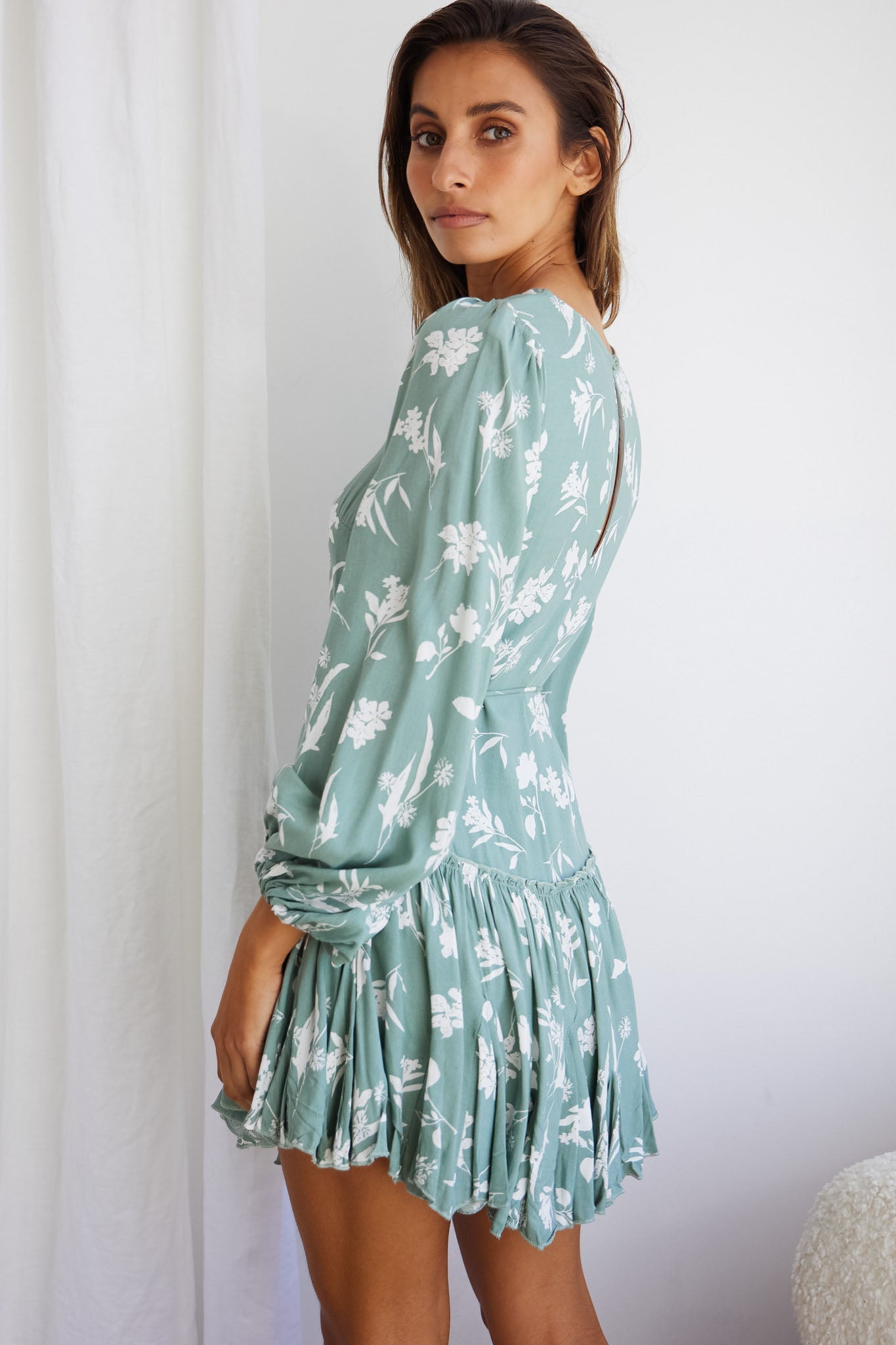 Rosabel Balloon Sleeve Fluted Hem Dress Botanic Print Sage