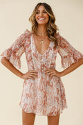 Zora Button Bodice Fluted Sleeve Dress Paisley Print Rust