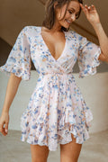 El Cerrito Flared Sleeve Godet Hem Dress Floral Print Pink