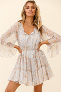 Called It Ruffle Trim Bell Sleeve Dress Floral Print Blue/Orange