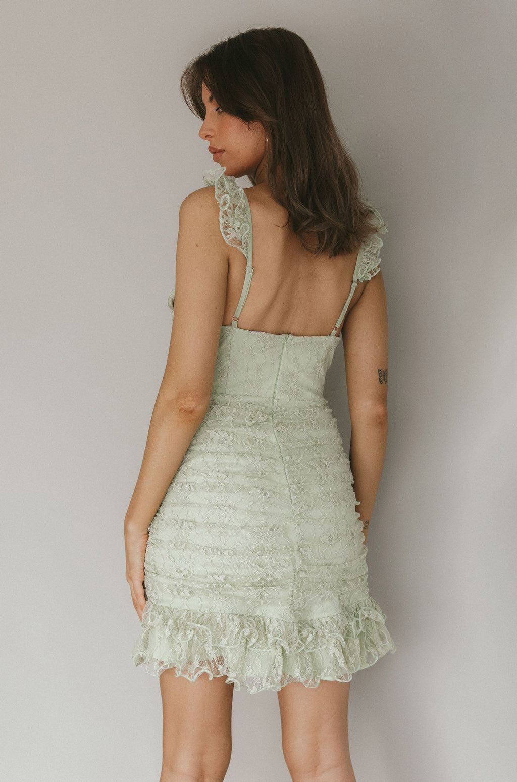 Kaley Ruched Side Layered Frill Hem Lace Mini Dress Sage