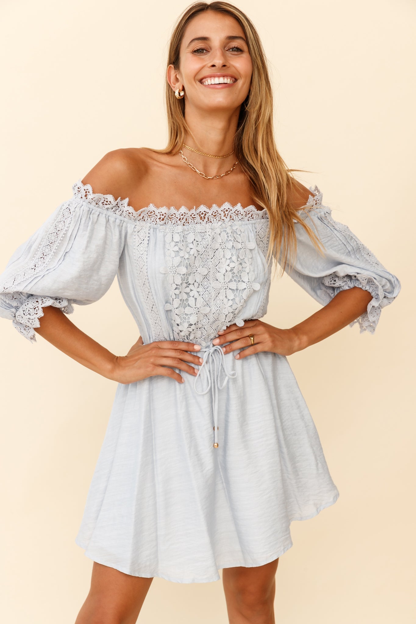 Homeward Off-Shoulder Lace Dress Steel Blue