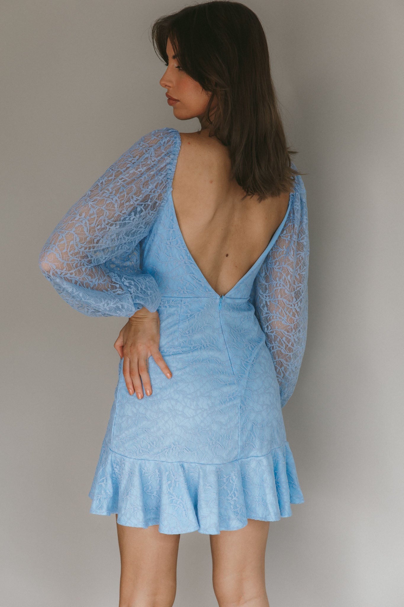 Halley Balloon Sleeve Frill Bust Flounce Hem Lace Dress Baby Blue