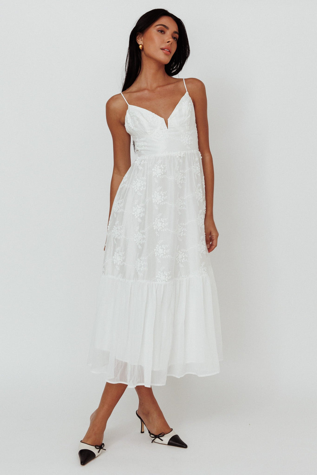 Lake Como Floral Embroidered Midi Dress White