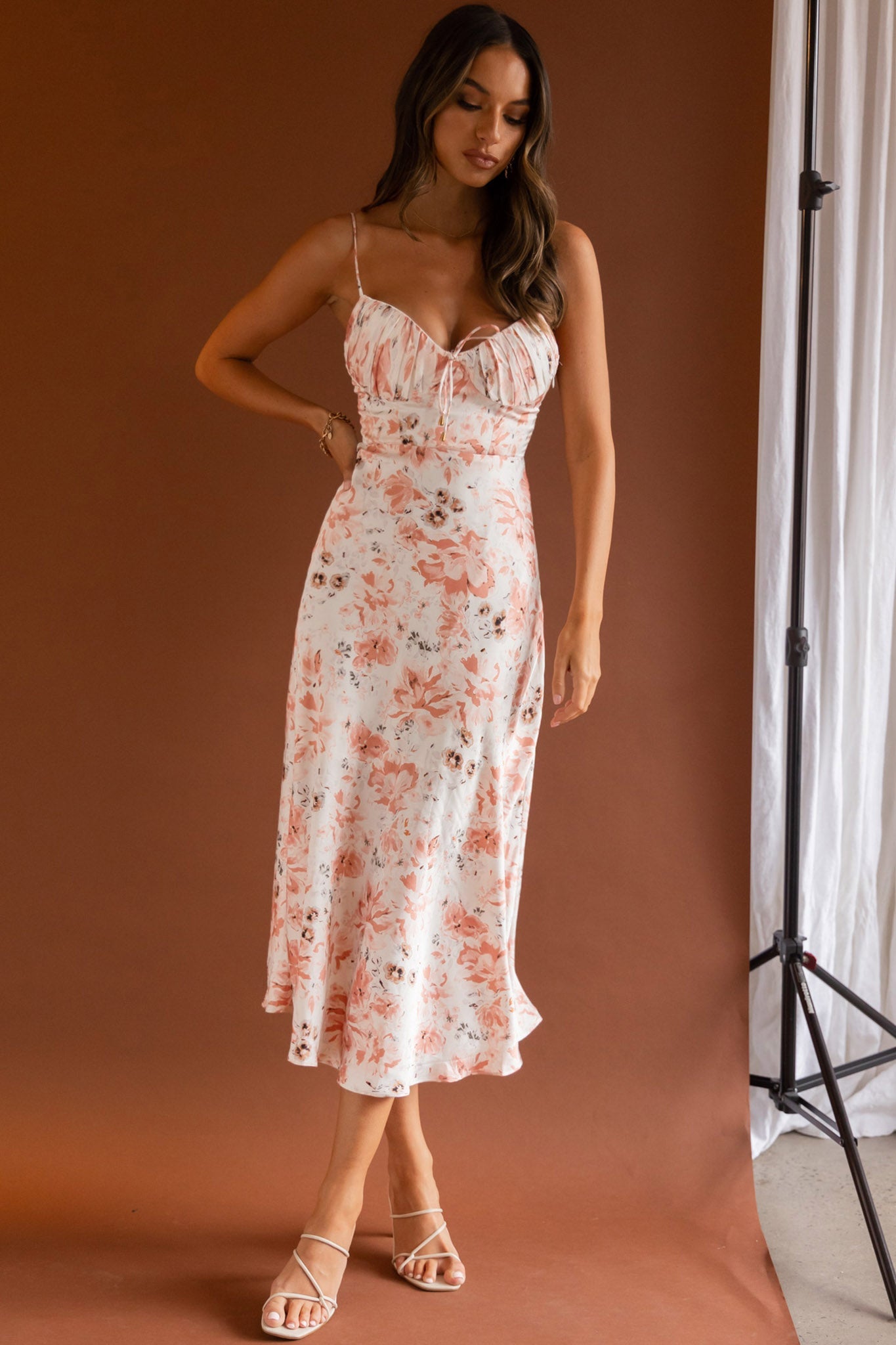 Malibu Gathered Bust Cami Strap Midi Dress Floral Pink