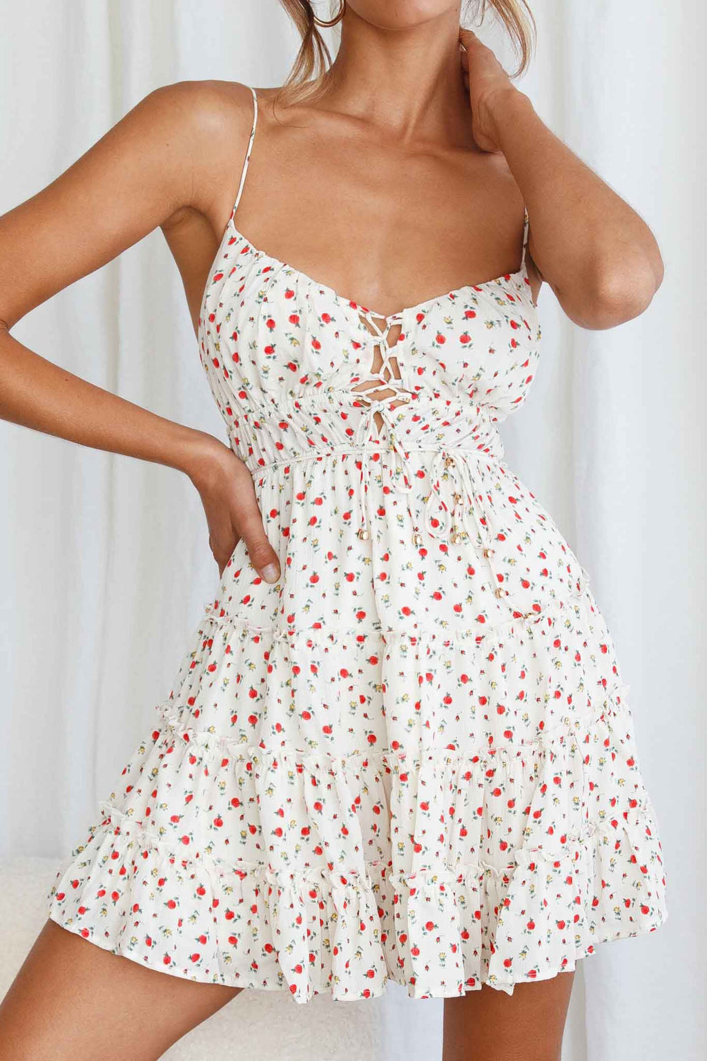 Josephina Lace-Up Front Cami Strap Mini Dress Floral Print White