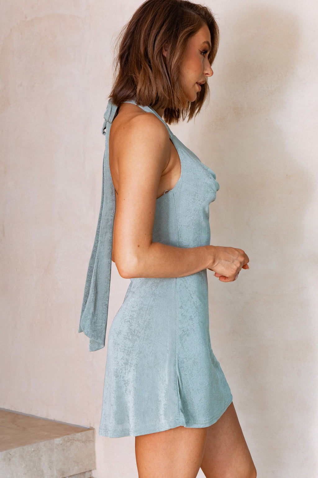 Champagne Showers Halterneck Slip Jersey Mini Dress Sage