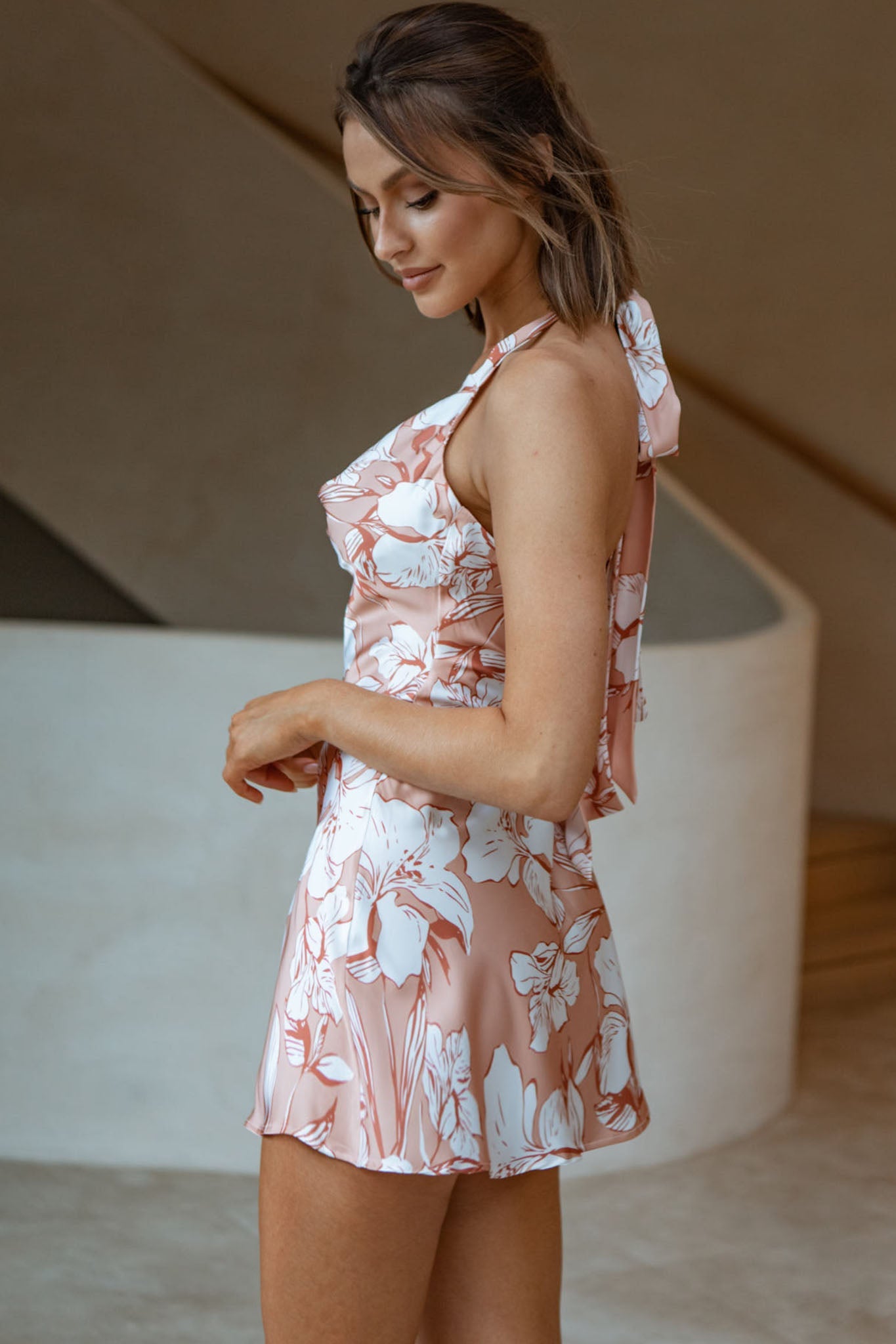 Champagne Showers Halterneck Slip Mini Dress Hibiscus Print Peach