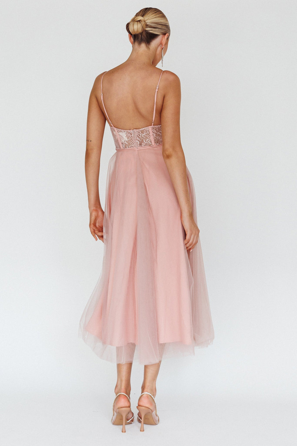 Trophy Lace Bodice Mesh Midi Dress Blush