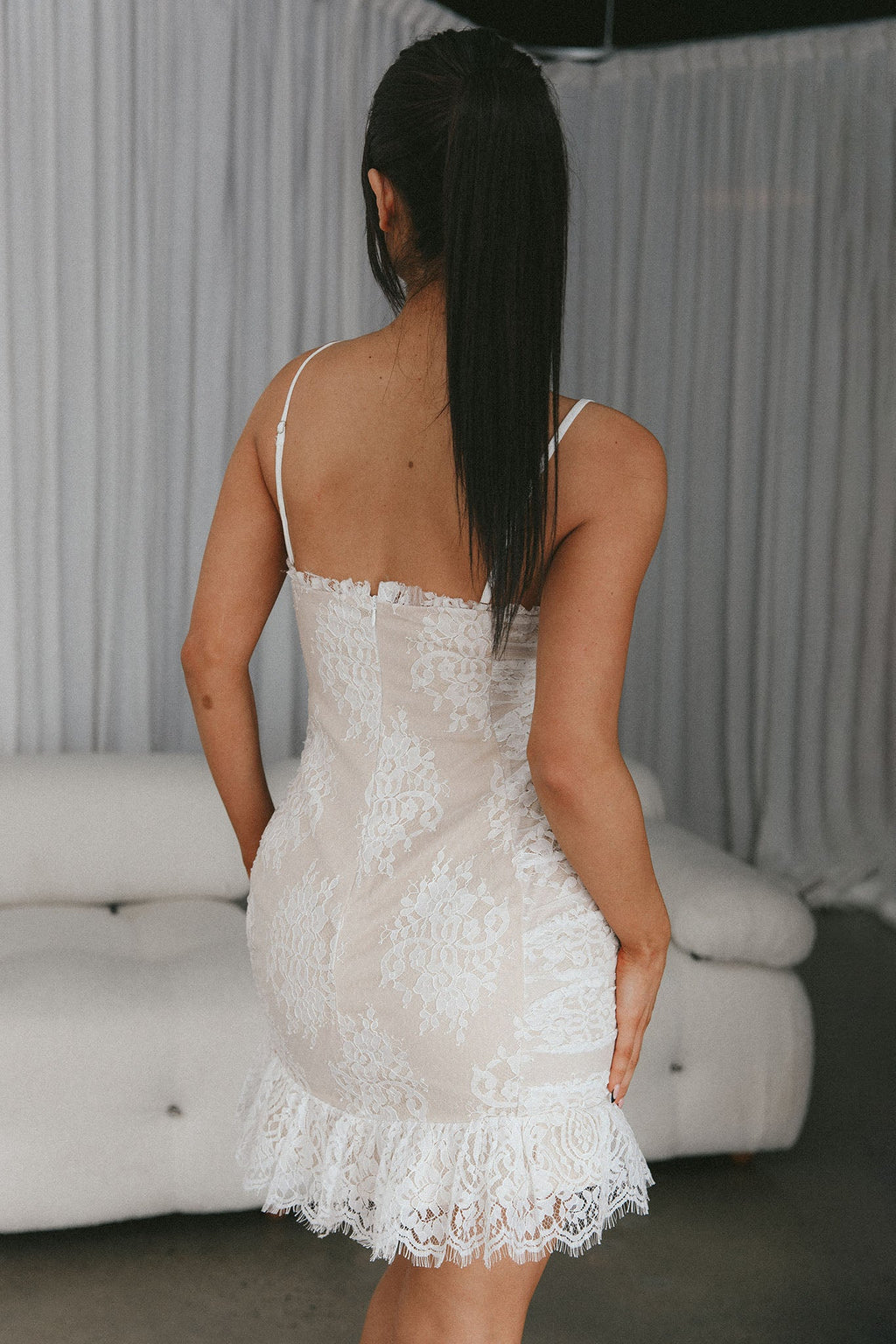 St Tropez Cami Strap Frill Hem Lace Mini Dress White