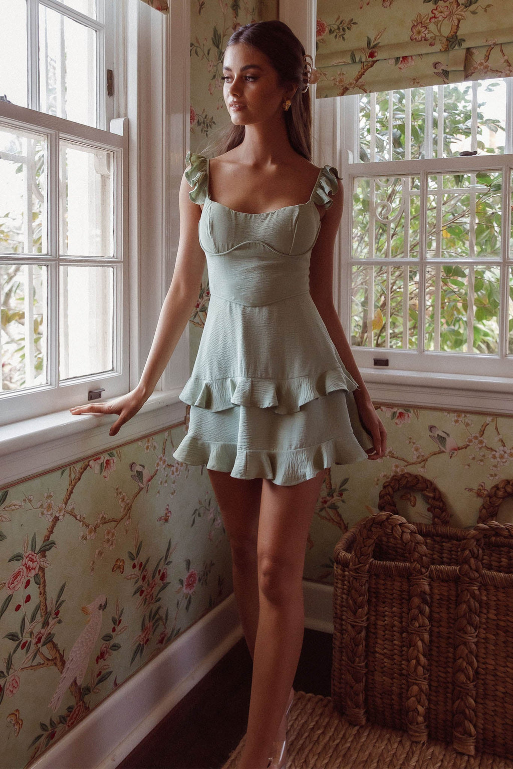 Moonlit Moment Ruffle Trim Piping Detail Lace-Up Back Dress Sage