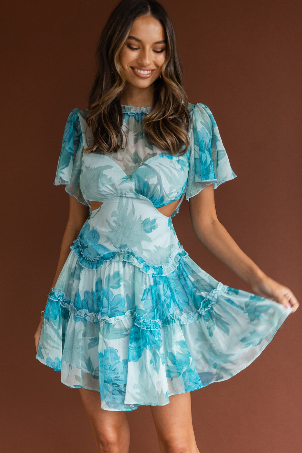 Tres Chic Flutter Sleeve Cut-Out Dress Botanical Blue